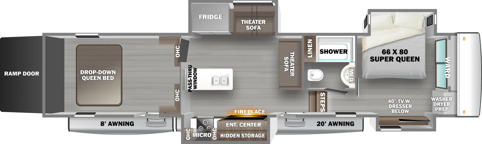 The RIVERSTONE 4513DST floorplan is a toy hauler that has two entries and four slide outs. Exterior features include: fiberglass exterior and 8' & 20' awning. Interiors features include: front bedroom.